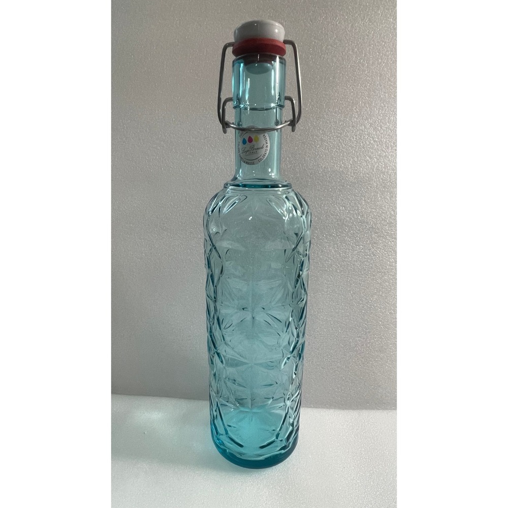 Luigi Bormioli Italy Blue Glass Swing Top Bottle Embossed Star Diamond 34oz